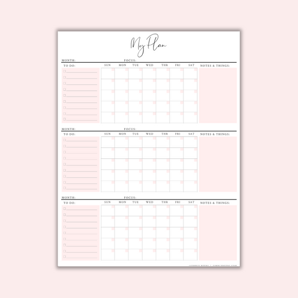 3 Month Calendar- Printable